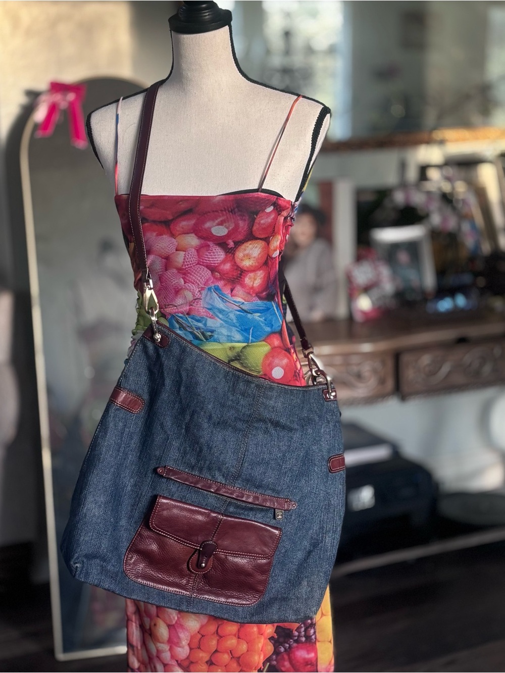 Vintage 90s Liz Claiborne Denim & Leather Crossbody Hobo Messenger Bag